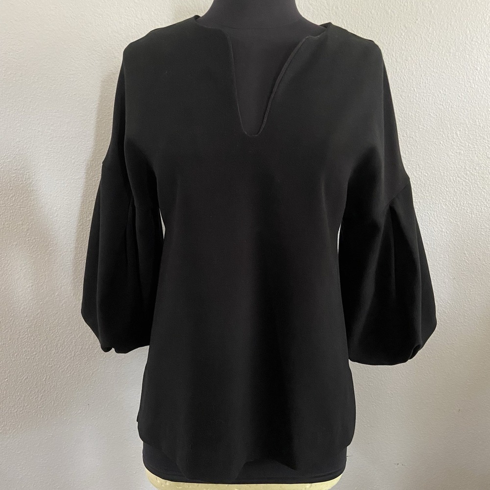 Trina Turk Women's XS(READ)‎ Black Blouse Balloon 3/4 Sleeve V Neck Office